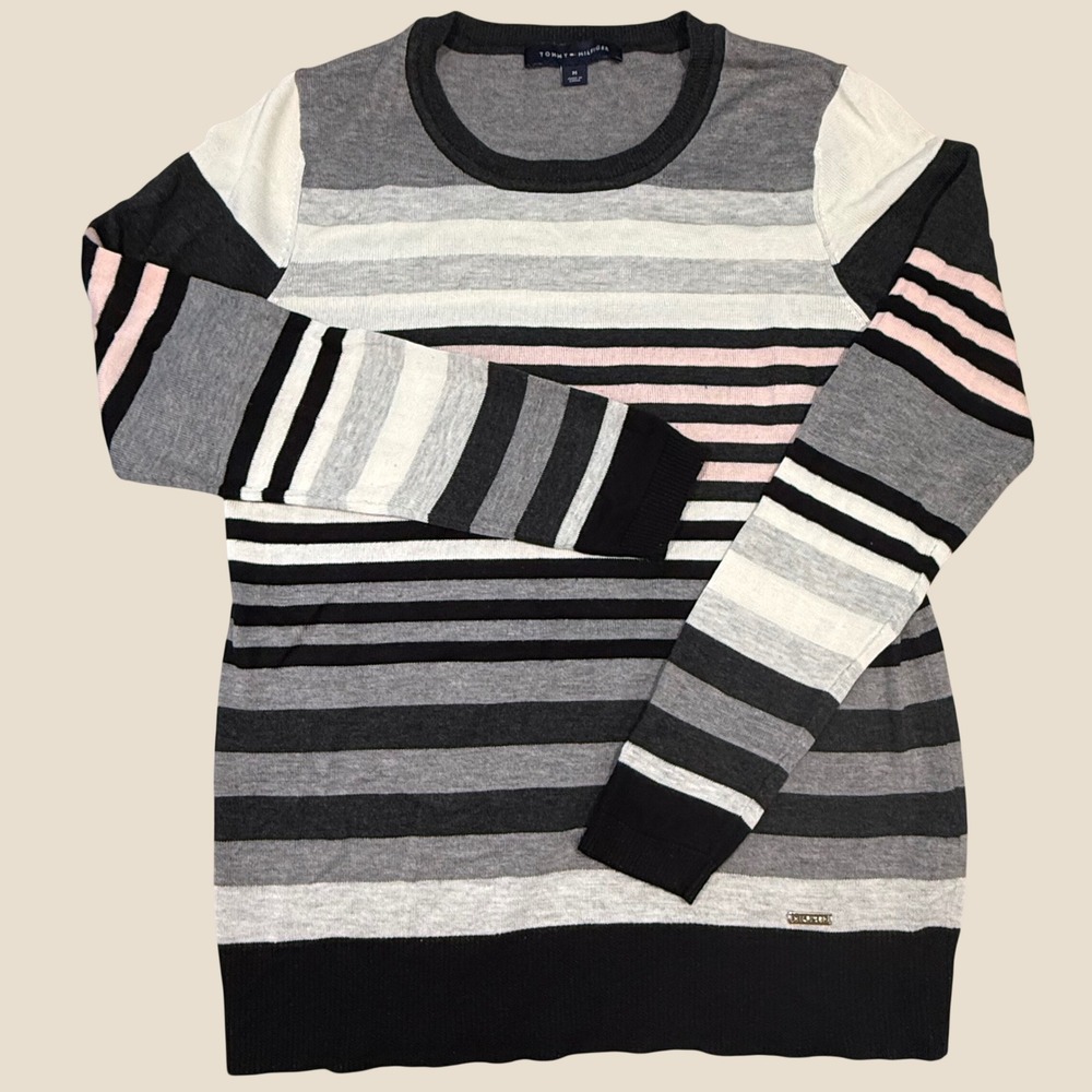 Tommy Hilfiger Womens Striped Crewneck Sweater Grey Black Pink Size M